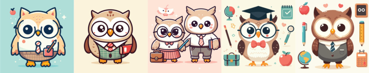 collection of cute and adorable owl vectors wearing teacher clothes