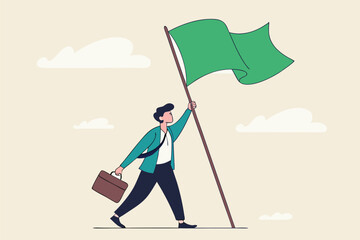 Business victory, mission accomplishment or success achievement, leadership or triumph to win competition, challenge concept, success businessman raising winning flag with triumph and proud.