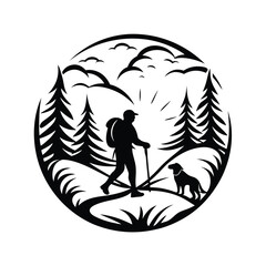 Silhouette Hiker with Dog in Forest, Outdoors, Black & White, Walking, Adventure, Trees