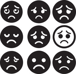 Emoji face with sad expression set in flat silhouette vector illustration design