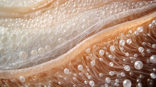 Magnified healthy hair strand cross-section showing three distinct layers, perfectly arranged cuticle cells creating protective armor, translucent cortex revealing organized protein structures,
