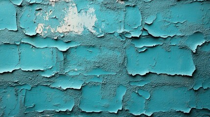 Fototapeta premium Turquoise brick wall with chipped paint creating a textured surface. Weathered and aged