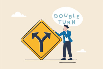 Decision to choose pathway, alternative or choice, deciding career path, determination or thinking to find solution concept, contemplation businessman thinking which way to go on folk road sign.