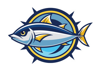 Blue fish logo. Tuna fish vector art still life painting flat illustration