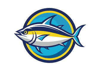 Blue fish logo. Tuna fish vector art still life painting flat illustration