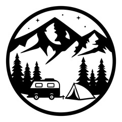 Black and white camping scene with camper, mountains, and stars