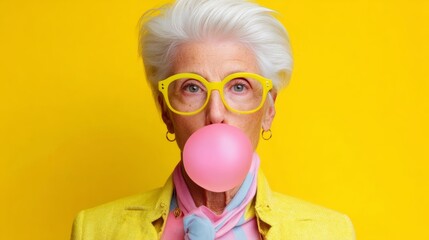 An older woman in a yellow jacket is blowing a pink bubble. She is wearing yellow glasses and a pink scarf. The bubble is large and pink, and it is floating in the air