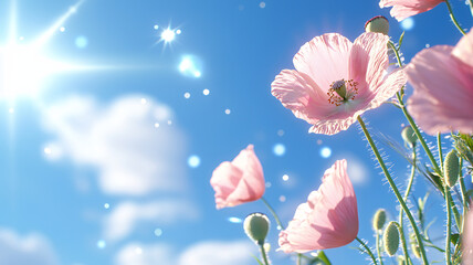 Beautiful pink flowers bloom under bright blue sky, radiating joy and serenity in vibrant natural setting