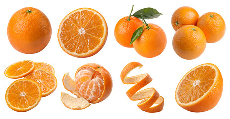 set collection of orange oranges fruit, many angles view like one orange, two, three, orange sliced, slices, half, peeled, Peel Twist isolated on white transparent background PNG cutout Mockup templat