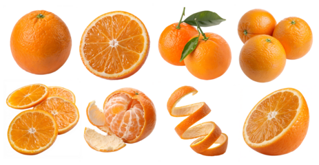 set collection of orange oranges fruit, many angles view like one orange, two, three, orange sliced, slices, half, peeled, Peel Twist isolated on white transparent background PNG cutout Mockup templat