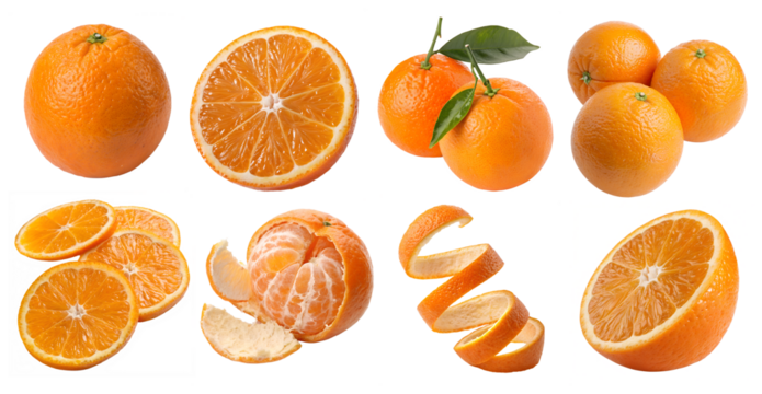 set collection of orange oranges fruit, many angles view like one orange, two, three, orange sliced, slices, half, peeled, Peel Twist isolated on white transparent background PNG cutout Mockup templat