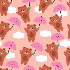 seamless pattern cute cartoon bear with umbrella and sky element. cute pattern for wallpaper, background and gift wrap paper