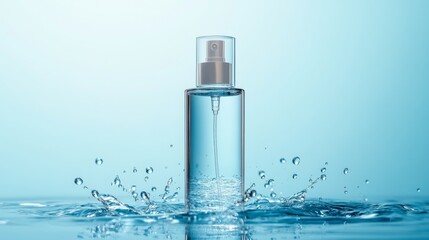 Minimalist transparent bottle with sunscreen mist floating in space, fine water droplets suspended around bottle, frosted glass pump detail, subtle blue gradient background suggesting ocean depths,