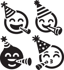 Party Emoji face with hats and confetti blowers in flat silhouette vector illustration design
