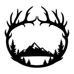 Monochromatic emblem featuring stylized antlers framing a mountain and pine tree scene