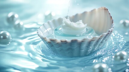 Elegant curved shell podium emerging from swirling azure waters, floating cosmetic products with pearl finish, organic water ripples creating natural reflections, delicate pearl strands cascading