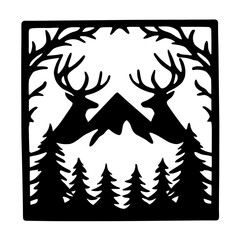 Silhouette of deer, mountain and forest in square frame vector graphic