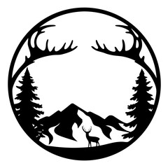 Elegant Black and White Deer in Mountain Forest Scenic Circle Silhouette Design