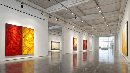 Modern Art Gallery Exhibition Red Yellow Paintings High-Quality Image