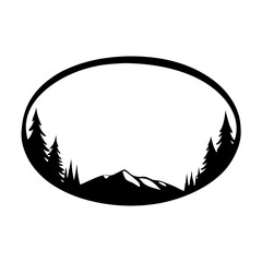 Oval Frame Mountain Landscape Silhouette with Pine Trees