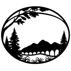 Scenic Landscape in Oval Frame Mountains, Trees, Bridge, and Grass