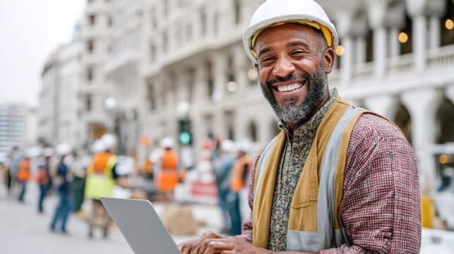 Man wearing a hard hat and a yellow vest is smiling and holding a laptop. He is surrounded by other people, some of whom are wearing safety vests