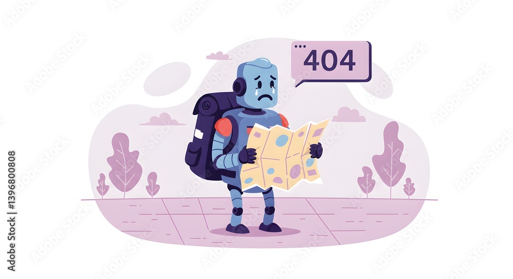 Fototapete flat illustration web design of lost robot holding a map showing 404 error not found
