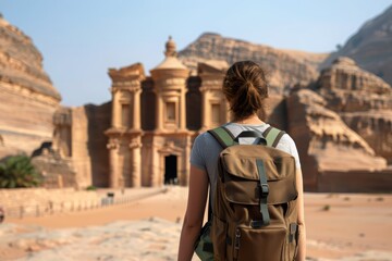 A young Caucasian woman with a backpack stands before the stunning architecture of an ancient temple in a rocky landscape. Unseen Paths, Unspoken Dreams