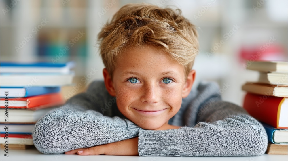 Poster young boy is sitting on a table with a stack of books behind him. he is smiling and looking at the c