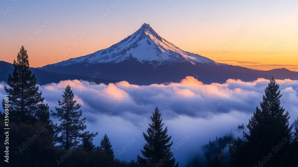 Aufkleber majestic mountain peak towers above thick clouds, illuminated by the soft glow of sunrise. evergreen