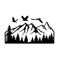 Majestic Mountain Range with Soaring Eagles and Evergreen Forest