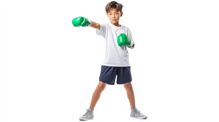 Young boy in a white shirt and blue shorts is boxing with a green glove. The boy is standing in a boxing ring and is ready to throw a punch