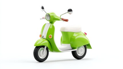 Green scooter with a white seat and a white handlebar. The scooter is parked on a white background