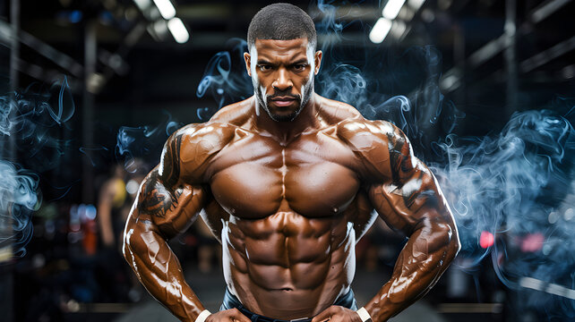 Muscular shirtless athlete with a strong bodybuilder torso displays fit muscles