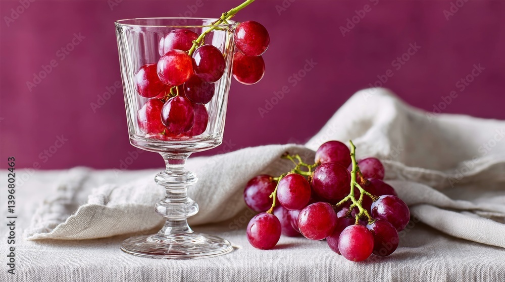 Poster glass of grapes is on a table with a white cloth. the grapes are in a wine glass and are arranged in