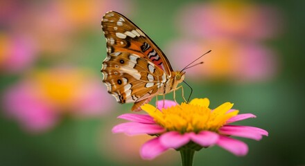 Fototapeta premium Against a soft floral bokeh background, an orange and brown patterned butterfly is delicately perched on a vibrant pink and yellow flower, likely feeding