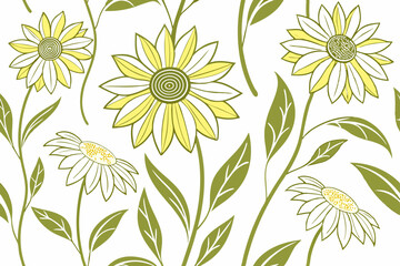 Fototapeta premium Organic sunflower silhouettes with hand drawn leaves and stems, botanical vector for eco-friendly branding and rustic-themed decor