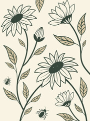 Elegant sunflower line art in silhouette vector style, minimal floral illustration with natural elements for handmade cards and decor