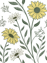 Floral silhouette vector of sunflowers and leaves, hand drawn botanical illustration for use in rustic wedding designs and cards