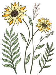 Hand drawn black silhouette of blooming sunflowers and natural leaves, rustic floral vector perfect for organic background design