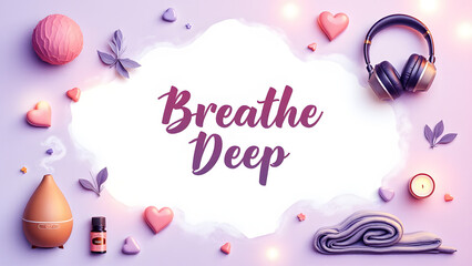 "Breathe Deep" paper message with stress-relief tools. Lavender wave background in 16K calming composition.