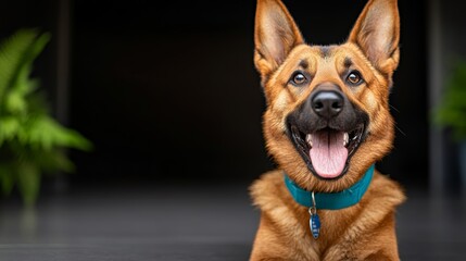 Obraz premium Brown dog with a blue collar is smiling and looking at the camera. The dog appears to be happy and content