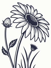 Floral illustration of blooming sunflower silhouettes with leaves and stems, rustic line art vector perfect for eco-friendly packaging