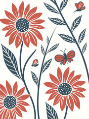 Vintage floral silhouette vector with blooming sunflowers, detailed botanical leaves, and organic line art for natural patterns and wallpapers