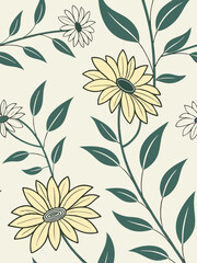 Rustic floral background with sunflower silhouettes and botanical illustration style, perfect for handmade craft and nature design elements