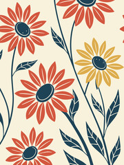 Vintage floral silhouette vector with blooming sunflowers, detailed botanical leaves, and organic line art for natural patterns and wallpapers