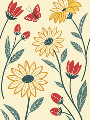 Decorative sunflower silhouette vector pattern with botanical leaves and hand drawn flower elements for minimal floral designs and eco decor
