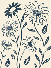 Floral vector background featuring sunflower silhouettes and leafy stems, natural botanical style perfect for vintage decor and pattern design