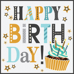 Birthday card with lettering, cupcake, candles and stars