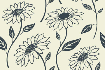 Vintage floral silhouette with blooming sunflowers, botanical leaves, and hand drawn stems, perfect for minimal line art projects and natural design themes